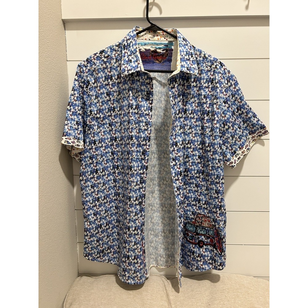 Vntg Americana Mens‎ Shirt VW Bus XL Floral Print Flip Cuff Retro 60s Rockabilly